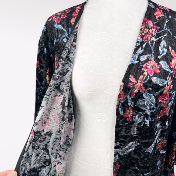 Monteau Black Pink Blue Crushed Velvet Floral Burnout Kimono Jacket Small - Picture 9 of 10